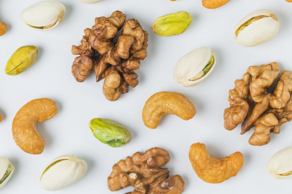 Close up of walnuts with pistachios